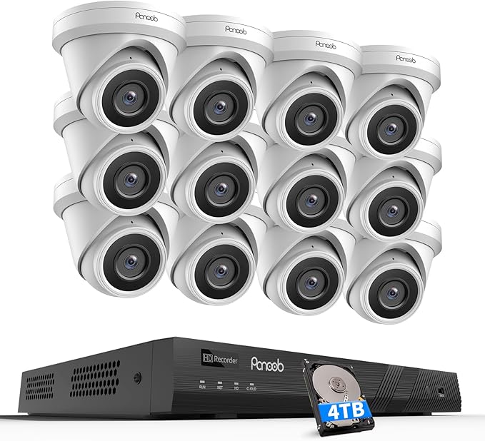 16 Channel Security Camera System 4K PoE, 12x 8MP Wired IP Turret Dome Camera with AI Human Vehicle Detection, Built-in Mic, Remote Access 24-7 Recording, 4K 16CH NVR 4TB HDD, PD93A1216-8M