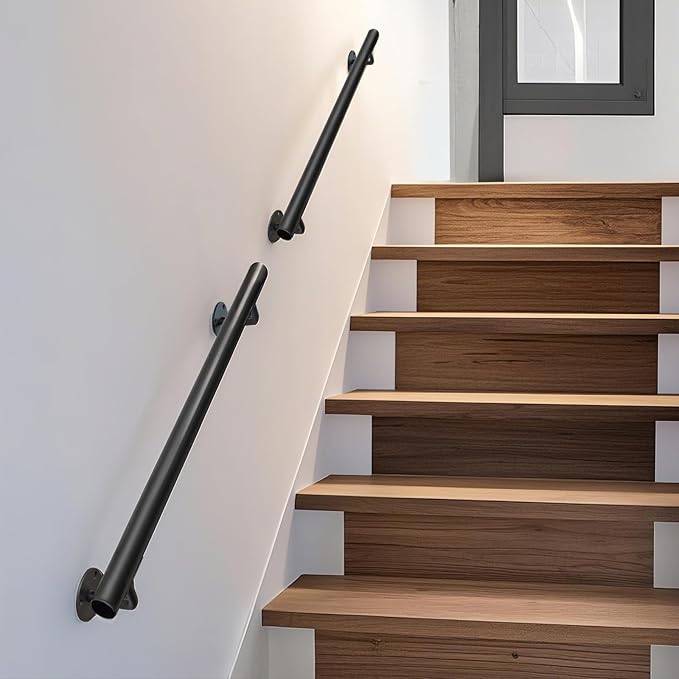 24 Inch Metal Stair Handrail Indoor- 2 FT Square Pipe Wall Mount Handrial, Outdoor Railings for Garage Porch Patio Steps, Deck Hand Rail, Iron Banister Railing