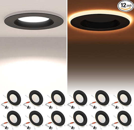 12 Pack Black 5/6 Inch LED Can Lights with Night Light, 5CCT Retrofit Recessed Lighting Selectable 2700K-6000K Dimmable, 12W=75W, 1200LM Downlight with Metal Smooth Trim-ETL and Energy Star
