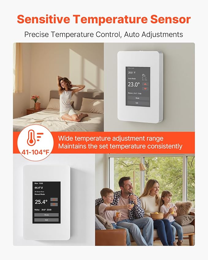 VEVOR 7-Day Programmable Thermostat, Home Thermostats for Radiant Underfloor Heating Cable,Heat Pump with GFCI & Sensitive Sensor,TFT Color Display Touchscreen,Efficient,Gray-White (Without WiFi)