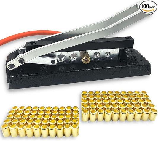 Heavy Duty Bench Hose Crimper for 1/4, 5/16, 3/8in ID Hoses, Hose Crimping Tool with Ferrules Fittings (50pk) 0.593" ID & 0.625" ID, Kit, Air Hose Repair Kit, Air Hose Crimper, Torch Hose Repair Kit