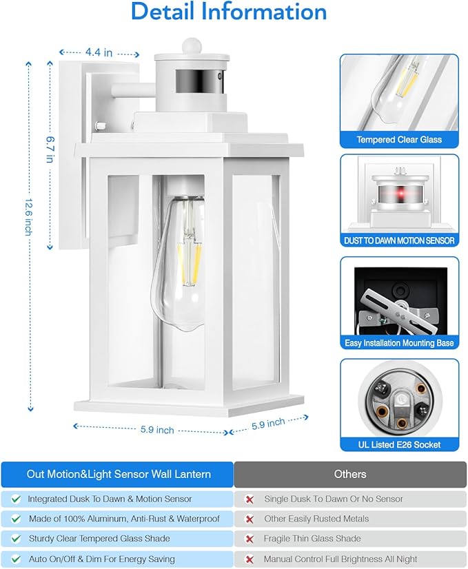 VIANIS Motion Sensor Porch Lights, 2 Packs Outdoor Wall Lights Wall Mount, White Dusk to Dawn Outdoor Sconce Lights, Waterproof Exterior Light Fixture for House, Garden, Patio,Hardwired, Non-Solar