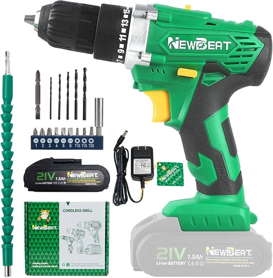 NEWBEAT Power Drill Set - 21V MAX Power Drill Driver, Electric Cordless Drill with Battery and Charger, 3/8" Keyless Chuck, 2 Variable Speed, 25+1 Torque Setting Power Tools for Home and DIY Project