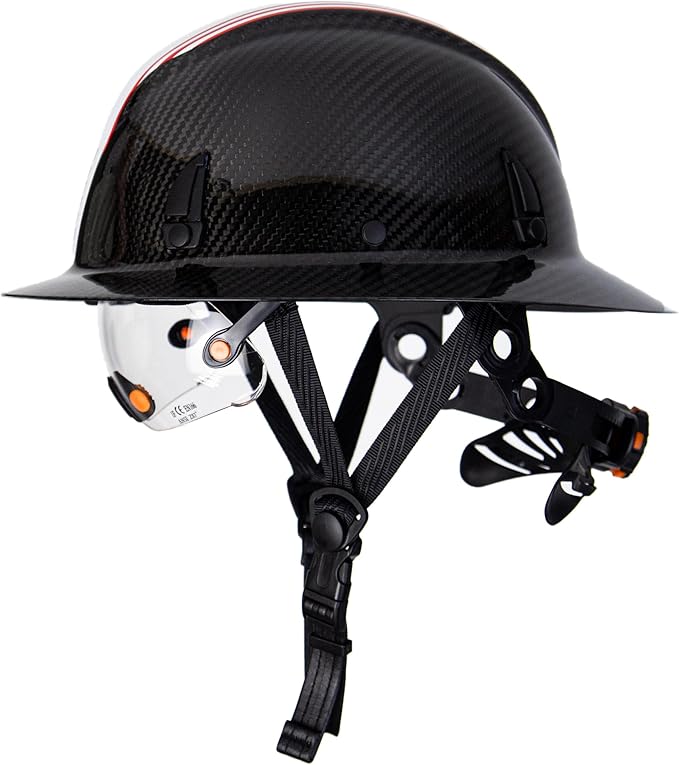 Carbon Fiber Full Brim Hard Hat Safety Helmet with Goggles and Leather Chin Strap 6-Point Suspension Adjustable Knob with Neck Protection