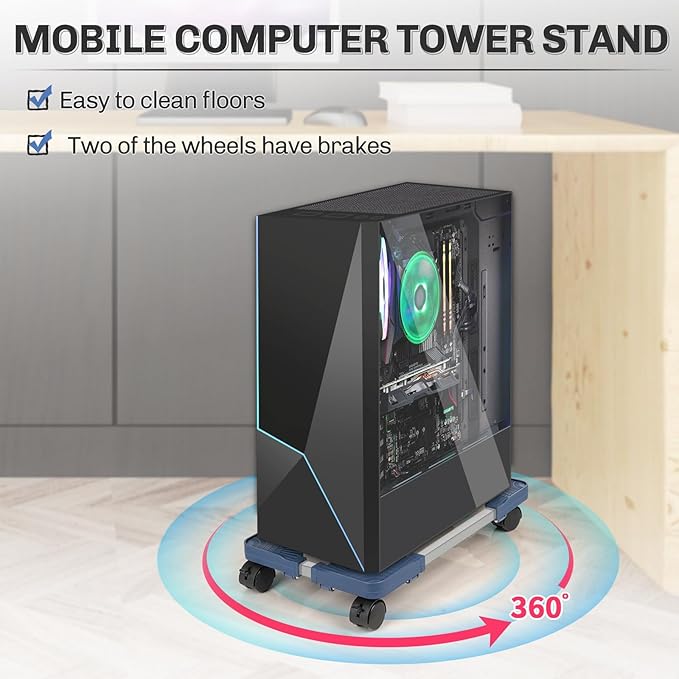 Liitrton Mobile CPU Stand, Adjustable Computer Tower Stand with 4 Locking Casters,Ventilated PC Stand for Floor with Multiple Colors, Fits Most PC Tower Under Desk Stand for Office Gamers (Blue)