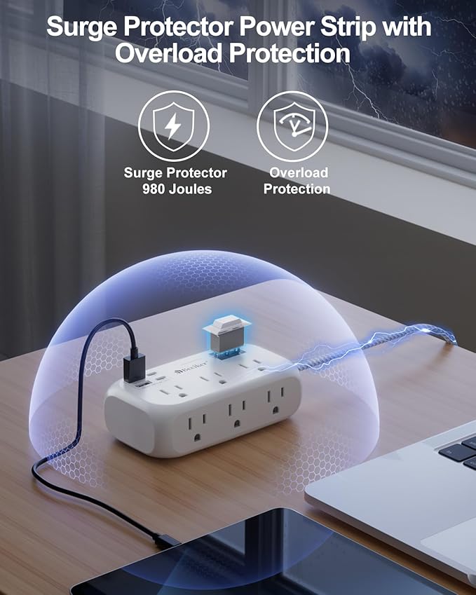 4 USB(2 USB C) Surge Protector Power Strip- 15 Ft Extension Cord with 6 Widely Outlets and Switch, Flat Plug Desk USB Charging Station with Long Braided Extension Cord Wall Mount for Home Office Dorm