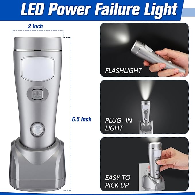 Enhon 4 in 1 LED Rechargeable Plug in Flashlights, 6 Pack LED Emergency Lights for Home Power Failure Emergency, Plug in Power Outage Light, Power Failure Light with Motion Detection (Silver)