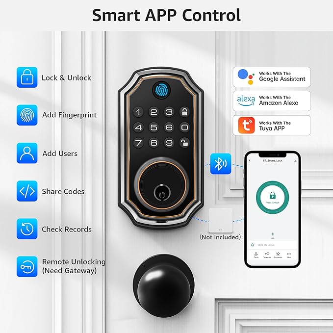 LOCK&SOLVER Keypad Door Lock with Handle, Smart Locks for Front Door, Keyless Entry Doorlock, Deadbolt Lock with Handle Set, App Remote Control, Easy Install with Video Guide, Rust-Resistant Zinc