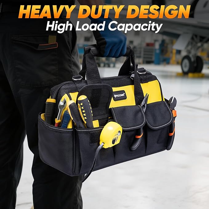 TICONN Heavy Duty Tool Bag with Multi-Pockets, Portable Tool Box Organizer Storage Bag, with Adjustable Shoulder Strap and Ergonomic Handle (Black, 16" Standard Base)