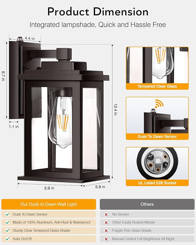 VIANIS Bronze Outdoor Wall Lights, Dusk to Dawn Led Outdoor Light, Aluminum Exterior Lighting Fixtures, Waterproof Porch Lights Outdoor for House, Doorway, Garage,Hardwired, Non-Solar