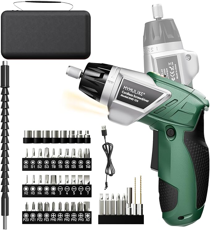 Electric Screwdriver Cordless Set, 3.6V Power Screwdriver Rechargeable with Light, Green Screw Gun with Pivoting Handle and Drill, 49 Pcs Accessories, 6+1 Torque Setting, 2000 mAh Battery