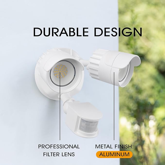 LED Motion Sensor Outdoor Lights, 34W 3500LM 5000K Daylight, IP65 Waterproof, Dusk to Dawn Flood Light, 2 Head Motion Detector Security Lights for Outside, Patio, Garage, Yard (White, 1 Pack)