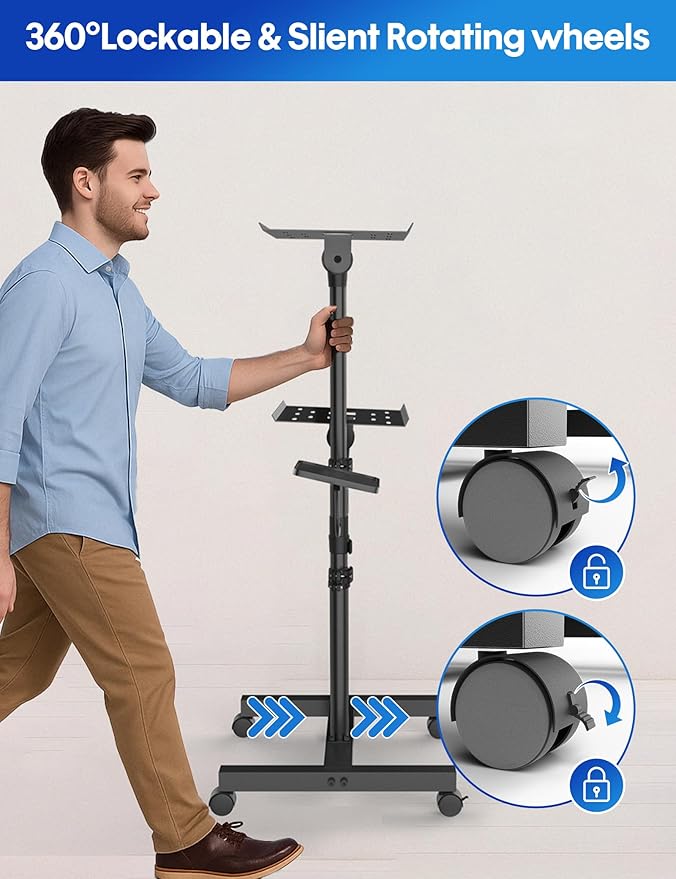 Projector and Laptop Stand Tripod, 2 Shelves Mobile Laptop Tripod Stand, Max 47" Height Adjustable Laptop Cart on Wheels, Projector Floor Stand with Ventilated Tray for Podium, Meeting, Couch