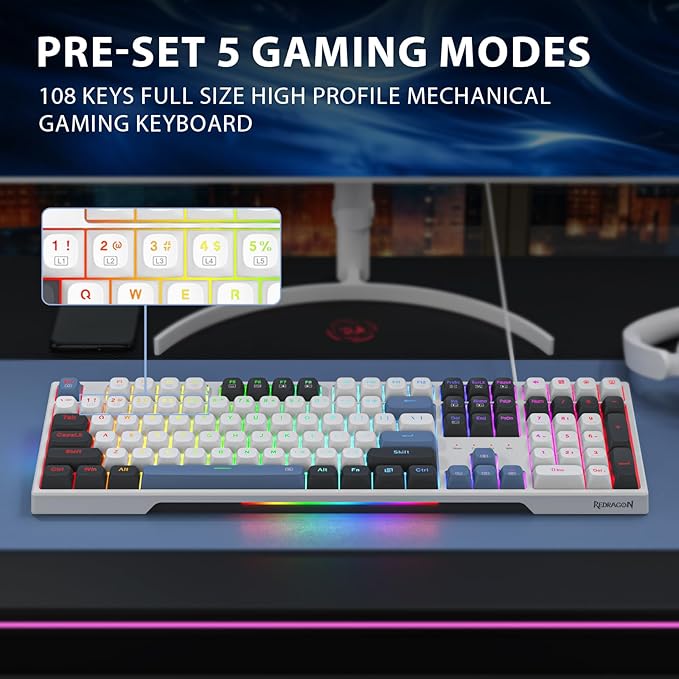 Redragon K668 Wired Gasket RGB Gaming Keyboard, 108 Keys Mechanical Keyboard w/Extra 4 Hotkeys, Upgraded Hot-swappable Socket, Sound Absorbing Foam, Mixed Color Keycaps, Custom Linear Switch