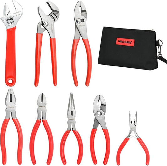 TOOLEAGUE 8Pcs Pliers Set with Storage Bag,Groove Joint,Long Nose,Slip Joint, Diagonal, Linesman Plier,Adjustable Wrench for DIY and Multi-Use