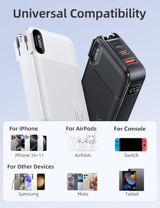 RORRY Portable Charger Built in Cables, AC Wall Plug In Portable Charger Power Bank 10000mAh Travel Battery Pack 22.5W Fast Charging for iPhone 16/15/14 Samsung Galaxy S24/S23/S22 Pixel LG iPad, Black