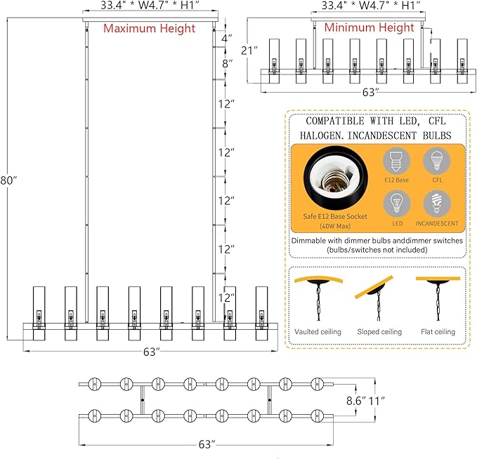 Modern Black Island Rectangle Chandelier with Clear Glass,63” Adjustable Height Modern Linear Light Fixture 16 Light Dining Room Chandelier Over Table for Dining Room Kithen Island