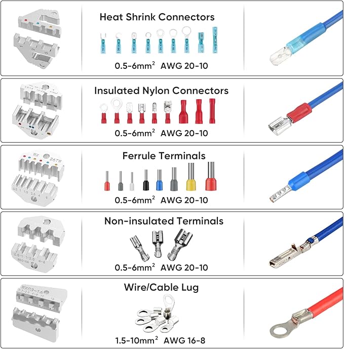 TICONN Crimping Tool for Heat Shrink Connectors - Ratcheting Wire Crimper - Crimping Pliers - Ratchet Terminal Crimper - Wire Crimp Tool (Combo Kit)