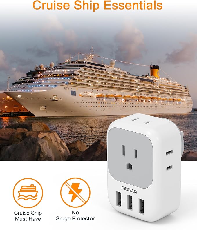 USB Charger Block, TESSAN Wall Plug Adapter with Electrical 4 Box Splitter 3 USB Wall Charger Ports, Multi Plug Outlet Extender Charging for Cruise, Travel, Office, Dorm Essentials
