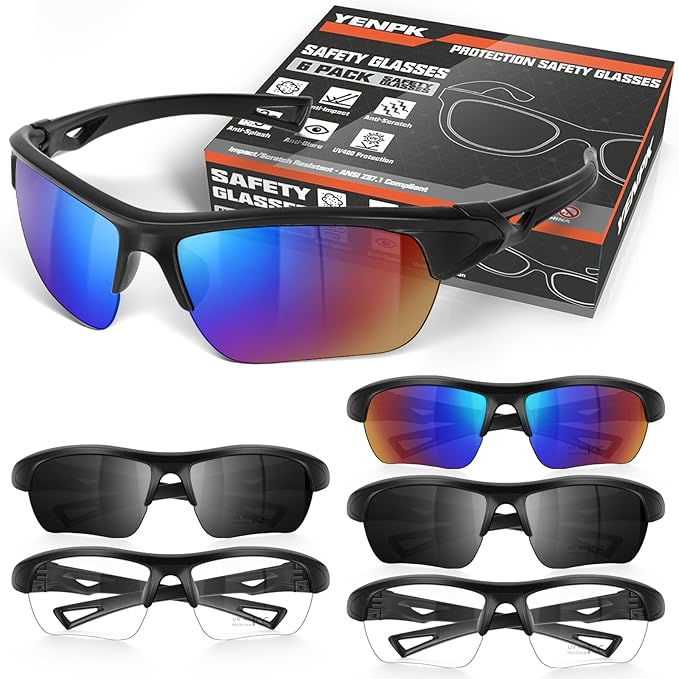 6 Pack Safety Glasses, UV Protective Eyewear, ANSI Z87.1 Impact Resistant Anti-Scratch Safety Goggles for Men Women