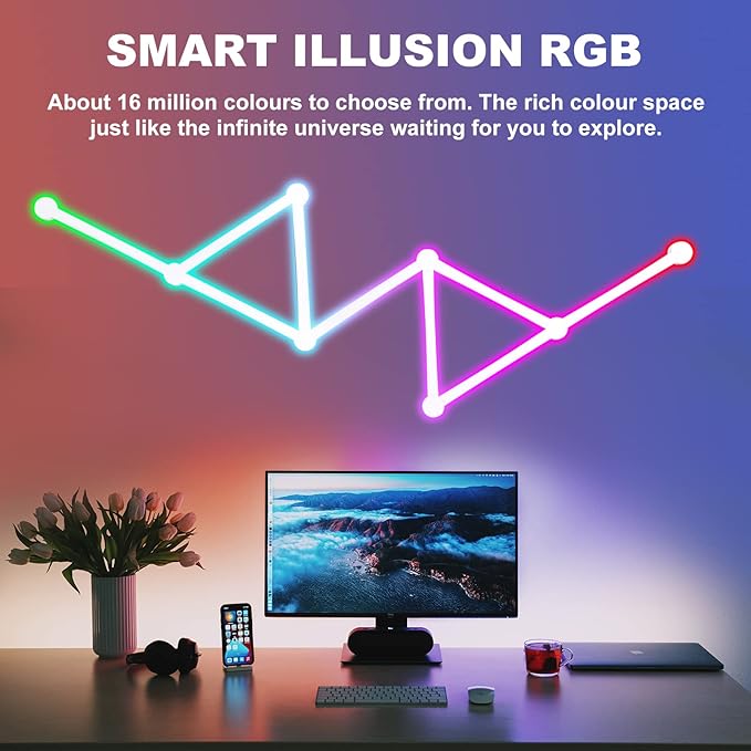 Smart WiFi RGB LED Wall Light Lines 16M+ Color LED Dimmable Music Sync Gaming Room, Bedroom, Led Home Wall Decor Light Bars Kit Compatible with Alexa and Google Assistant (9 LED Light Lines)