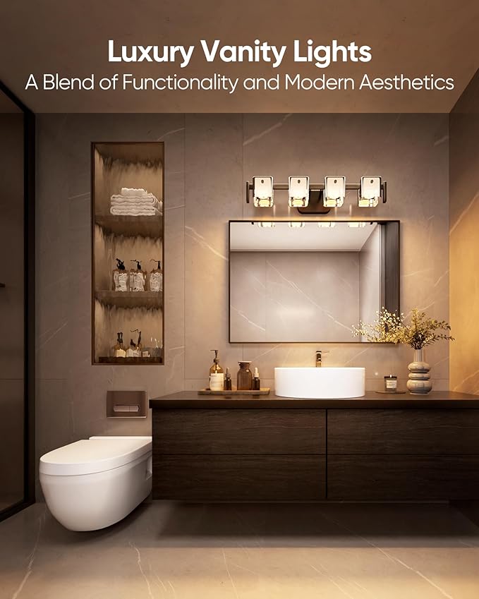 JACKYLED Bathroom Light Fixture, Modern 4-Light Vanity Lights with Art Glass Shades, 3 Color Temperatures LED Bathroom Lighting Fixture Over Mirror, 20W 1200 Lumen 30° Adjustable, Ash Gray Glass