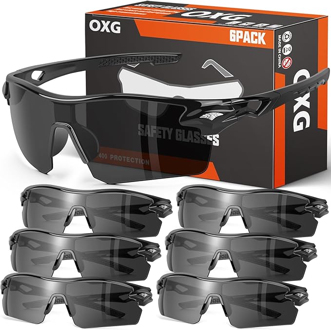 OXG 6 Pack Safety Glasses, Scratch Resistant Wraparound Lenses ANSI Z87.1 Protective Eyewear for Unisex