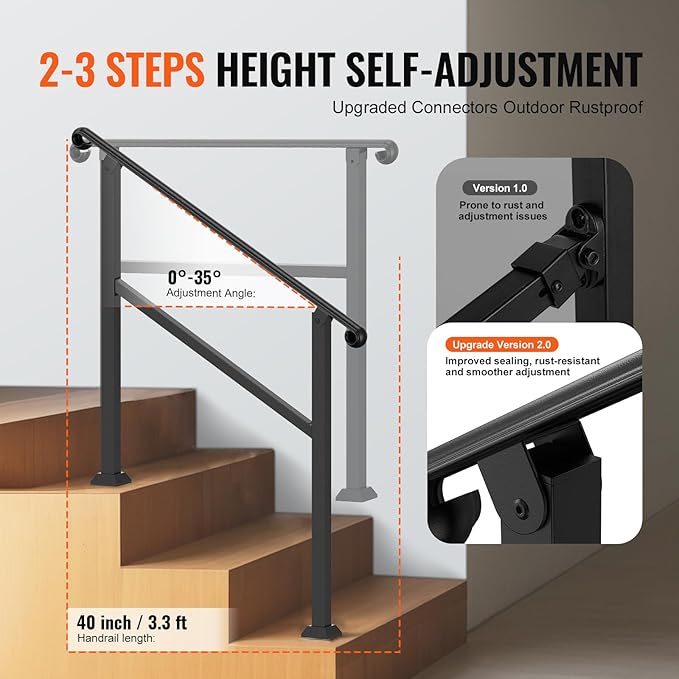 VEVOR Handrails for Outdoor Steps, 2-3 Step Stair Hand Rail & Indoor Railing Kit, Railings for Outside Steps with Installation Kit, Hand Rails for Seniors,Porch Railing & Deck Hand Rail, Black