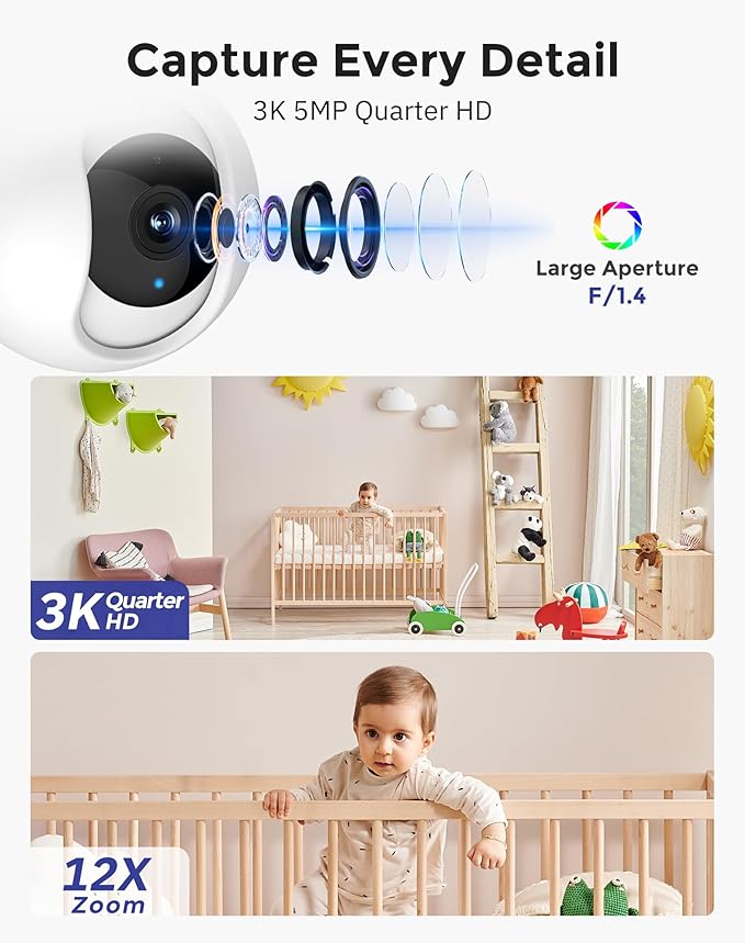 Hugolog 3K 5MP Indoor Pan/Tilt Security Camera with Auto-Focus,Ideal for Baby Monitor/Pet Camera/Home Security,Starlight Color Night Vision,Human/Pet AI,Noise Reduction,US Cloud,Works with Alexa