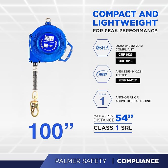 Palmer Safety SRD 100 FT. Self Retracting Lifeline I SRL Device Swivel Top Galvanized Cable With Small Steel Snap Hook I OSHA ANSI Industrial Roofing Tool Personal Fall Arrest Protection Safety Yoyo