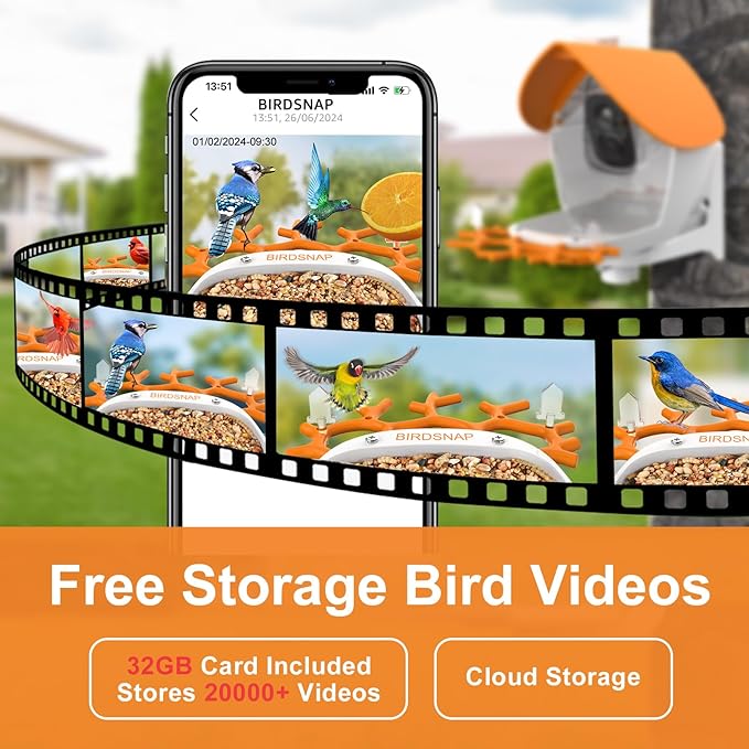 birdsnap® MON - Bird Feeder with Camera, 2K Detachable Video Bird Feeder Live with 32GB Card Fruit Fork, AI Identify Feather Species, Auto Record in Backyard, Ideal Gift for Birds Lover