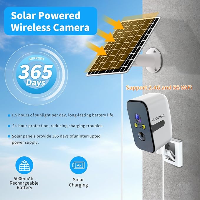 2.4/5G WiFi Cameras for Home Security with Solar Panel,Pan Rotating 180° Magnetic Security Camera Wireless,No Monthly Fee, Motion Detection,Work with Alexa,IP65 Weatherproof,Outdoor & Indoor