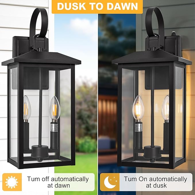 Large Outdoor Light Fixtures Black, Dusk to Dawn Outdoor Lighting, 2-Light Exterior Wall Fixture with E12 Socket, ETL Listed 18" Exterior Light Lanterns for House, Garage, Patio, Porch, Door