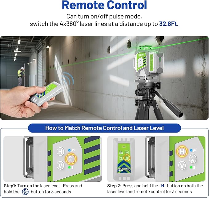 HueparPro Laser Level 360 Self Leveling, 4x360°Green Cross Line Laser Tool with Remote Control & 8000mAh Rechargeable Li-ion Battery, High Accuracy 4D Laser for Construction, Magnetic Bracket -ZK04CG
