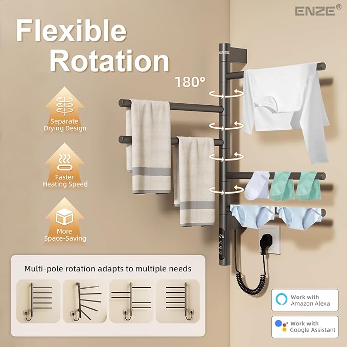 ENZE Smart Rotating Heated Towel Rack for Bathroom, Wall-Mounted Electric Towel Dryer with Swivel Bars, Smart Timer, Low Carbon Steel, IPX5, Plug-in/Hardwired, Towel Warmer with Wi-Fi App Control