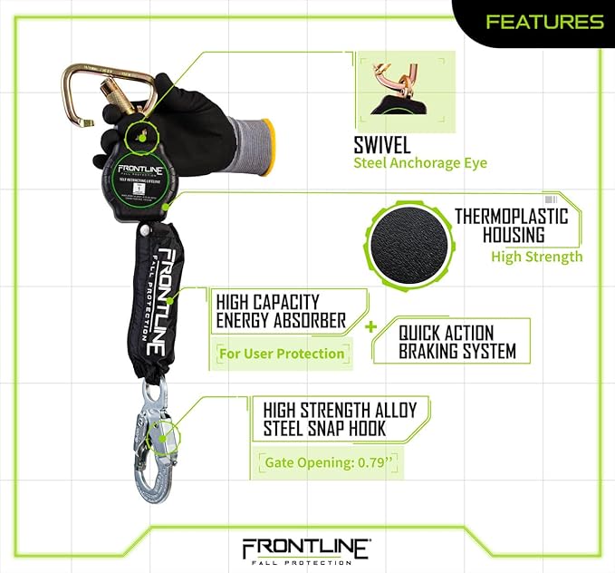 Frontline RPAS Aramid Fiber Web SRL | 6'-12' Single Leg | Steel Snap Hook | Lightweight & Compact | Durable Housing | Quick-Action Brake | 310 lbs Capacity | ANSI & OSHA Compliant (Pack 3)