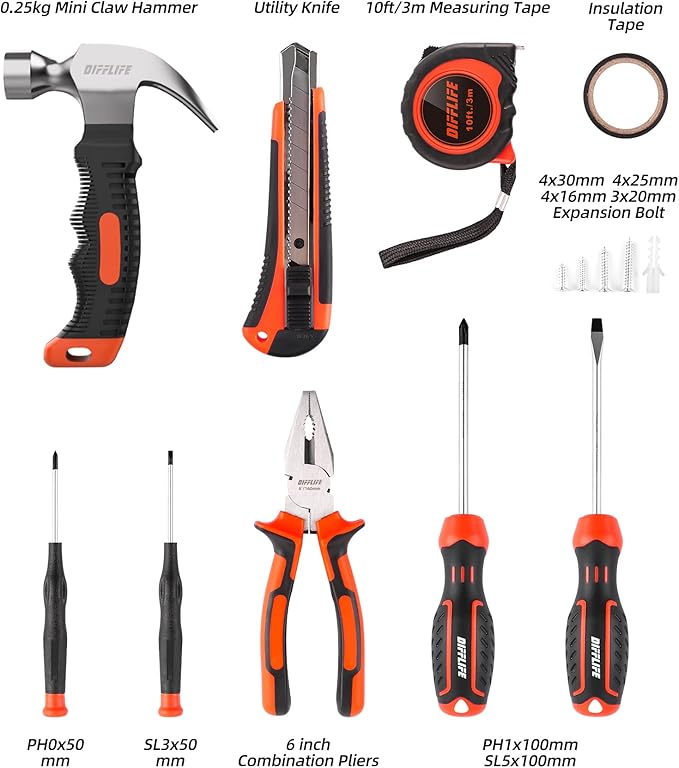 Tool Sets Household Tool Kit, 14-Piece General Home/Auto Repair Tool Set with Hammer, Pliers, Screwdriver Set and Toolbox Storage Case - Perfect for Homeowner, Diyer, Handyman (14-Piece)…