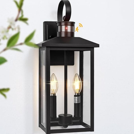 Large Motion Sensor Outdoor Wall Lights, 18" Black Dusk to Dawn Outdoor Lighting, 2-Light Aluminum Outdoor Fixture with E12 Socket, ETL Listed Outside Porch Lights Wall Mount for House