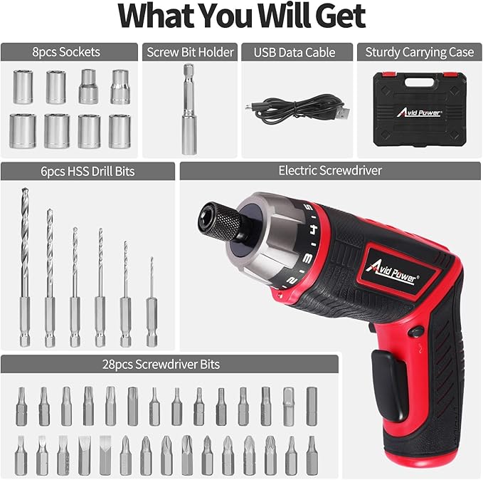 AVID POWER Electric Screwdriver Set Rechargeable 4V Cordless Screwdriver Kit with 44pcs Accessories, 5.65Nm Screw Gun, 5+1 Torque Setting, 2 Position Handle with LED Light