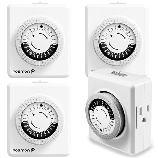 Fosmon Outlet Timers for Electrical Outlets, 24-Hour Dual Plug in Light Timers Programmable Indoor, Heavy Duty Electric Wall Plugs for Reptile, Grow Light, Grounded, 3 Prong/15A/1875W- 4 Pack