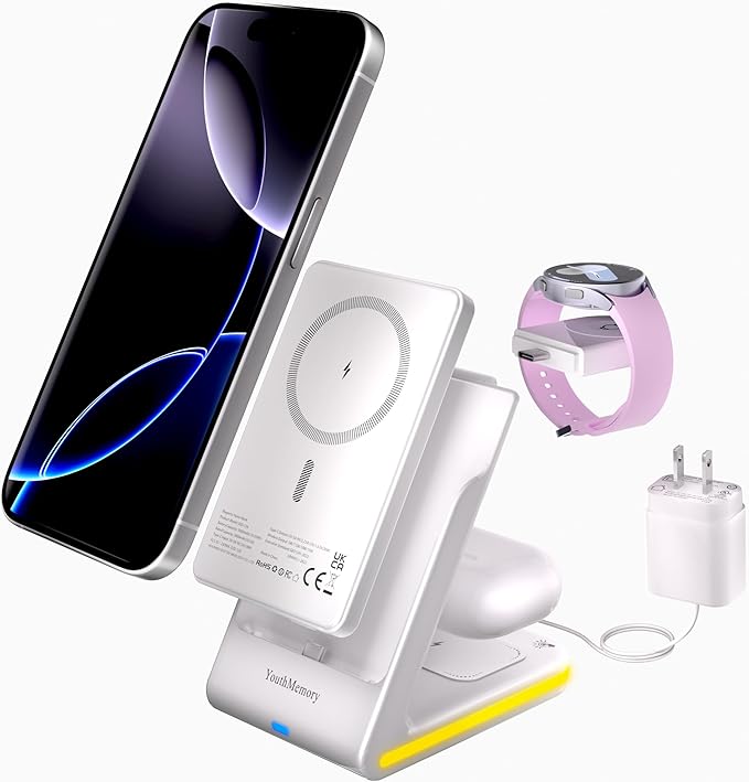 Wireless Charger 5 in 1 Magnetic Charging Station Stand with Portable Power Bank for Apple/Samsung Multiple Devices for Apple Watch 10-2,iPhone 16 15-12 Pro Max/Samsung Galaxy S25 Ultra S24-S8