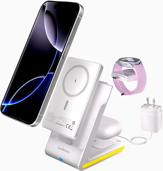 Wireless Charger 5 in 1 Magnetic Charging Station Stand with Portable Power Bank for Apple/Samsung Multiple Devices for Apple Watch 10-2,iPhone 16 15-12 Pro Max/Samsung Galaxy S25 Ultra S24-S8