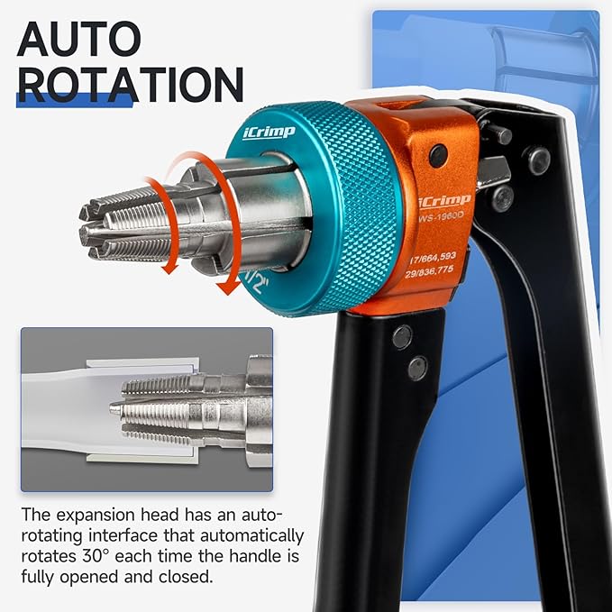 iCrimp Manual Expanding Tool Kit with Auto-Rotation Expansion Heads for 3/8,1/2,3/4&1 inch ProPEX,Wirsbo F1960 standard fittings