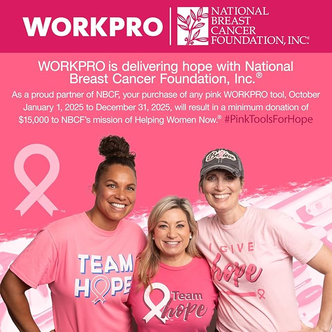 WORKPRO 20V Pink Cordless Drill Driver Set, 3/8” Keyless Chuck, 2.0 Ah Li-ion Battery, 1 Hour Fast Charger and 11-inch Storage Bag Included - Pink Ribbon