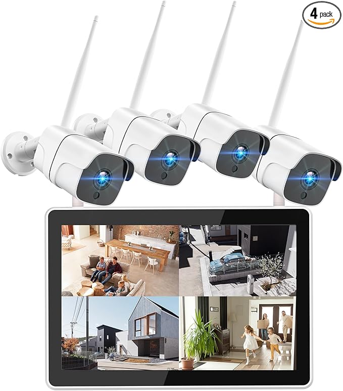 Wireless Security Camera System with 12" Monitor, 8CH NVR & 4pcs WiFi Cameras - Plug & Play, Night Vision, 24/7 Recording (No HDD + 4cam + 12" Monitor)
