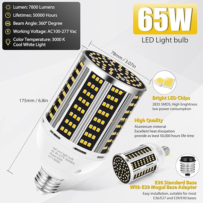 65W LED Corn Light Bulb 2 pack(650W Equivalent ),Warm White 3000K E26/E39 Commercial Grade 7800LM Medium Mogul Base LED Lamp,Large Area Lights For Outdoor Indoor Garage Warehouse Factory Bay Light