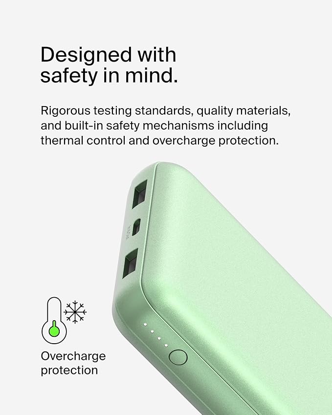 Belkin Portable Charger, USB-C Power Bank 20000 mAh w/ 2X USB-A Ports, 15W w/Type-A to Type-C Cable for iPhone 17, Air, Pro, Samsung Galaxy S25, iPad, Nintendo Switch 2, Google Pixel 10, etc. - Green