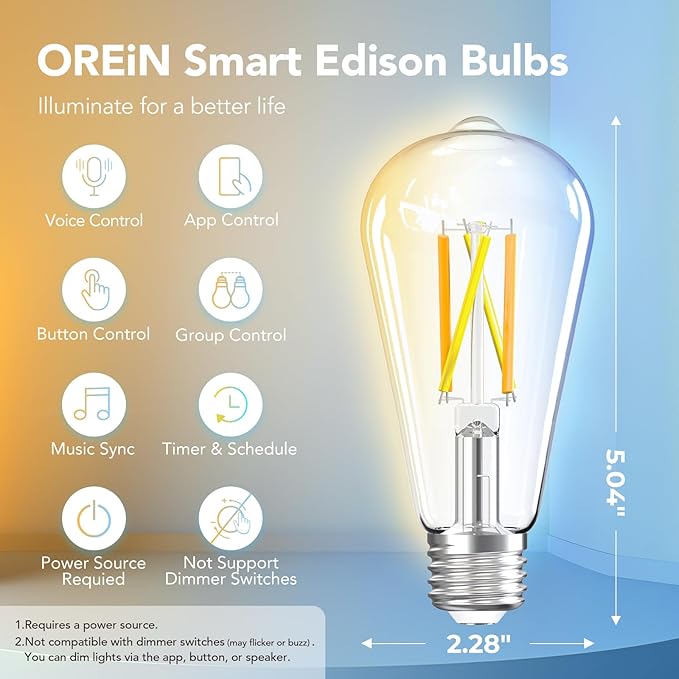OREiN Smart Edison Light Bulbs with Smart Button, WiFi ST19(58) Vintage Light Bulbs E26 Base, 800lm Dimmable 2700K-6500K Tunable White, Smart Filament Bulb That Work with Alexa, 60W Equivalent, 4Pack
