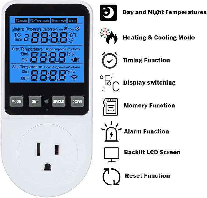 Digital Day Night Thermostat Outlet Plug with Timer, Heating Cooling Multi Period Temperature Controller, LCD Screen Outlet Socket for Reptile Incubator Greenhouse Brewing Refrigerator 110V