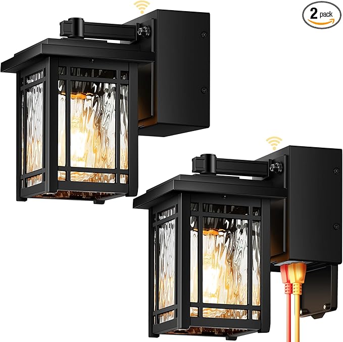 2-Pack Porch Light with GFCI Outlet, Black Dusk to Dawn Outdoor Lantern Wall Mount, Modern Outdoor Sconces Wall Lighting with Glass Shade, Waterproof Outdoor Light Fixtures for House, Garage